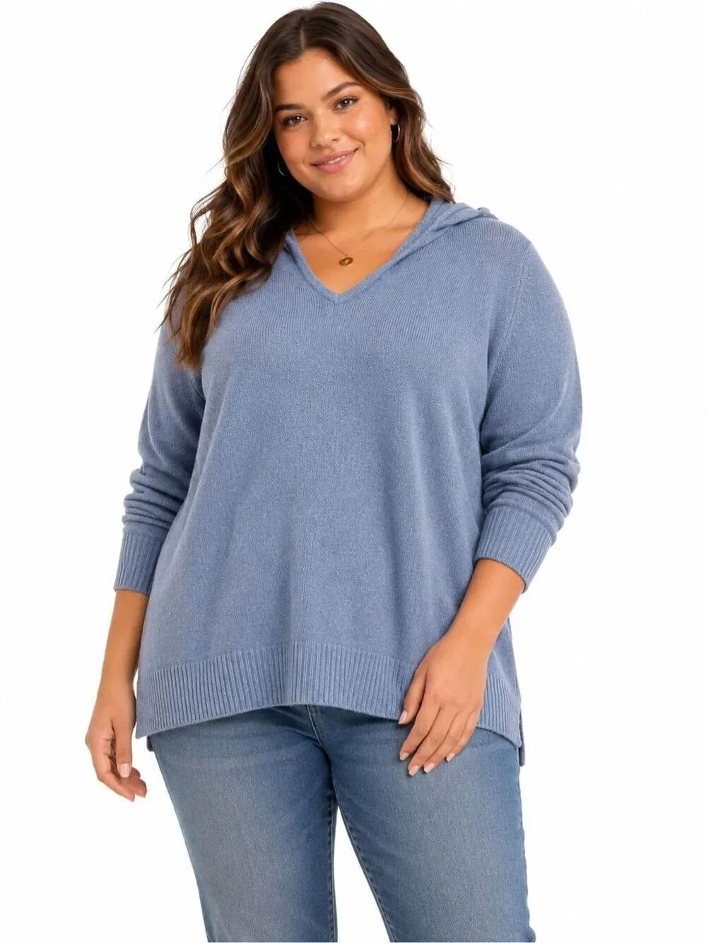 Style & Co Casual Hooded V Neck Knit Pullover Sweater Large Blue NWOT